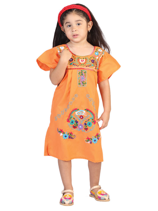 Artisanal Embroidered Dress  50% Cotton, 50% Polyester Orange  601621